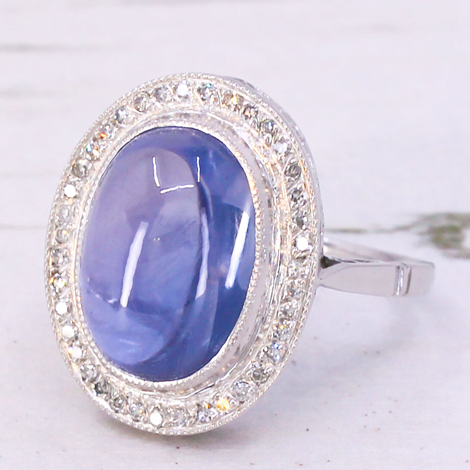 Art Deco 11.96 Carat Ceylon Cabochon Sapphire & Diamond Ring, circa 1935