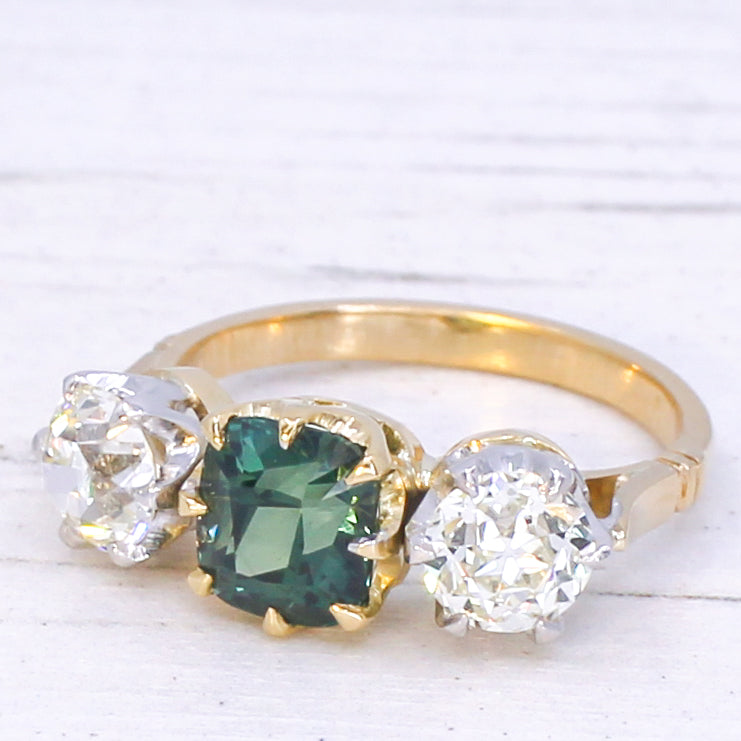 Vintage 2.05 Carat Teal Sapphire & Old Cut Diamond Three Stone Ring, circa 1950