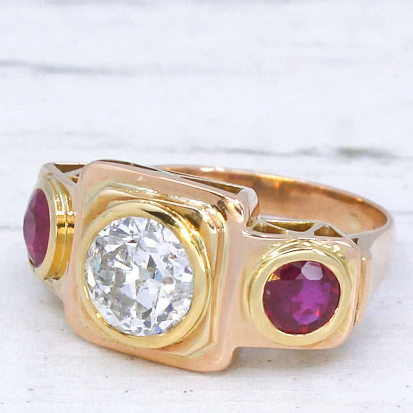 Vintage 1.27 Old Cut Diamond & Ruby Three Stone Ring, circa 1930