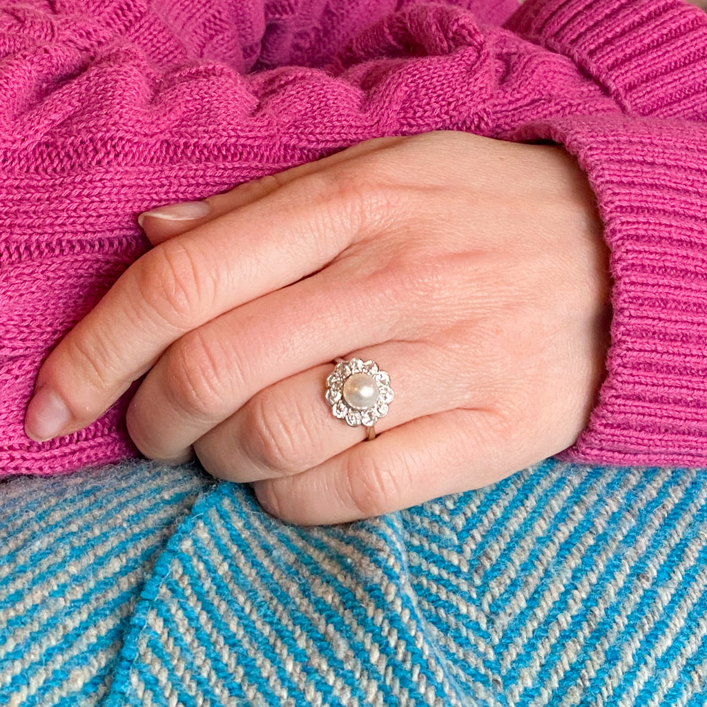 vintage pearl and diamond ring