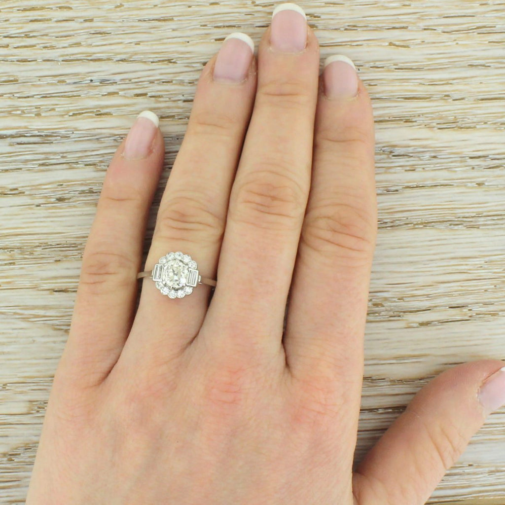 Mid Century 1.28 Carat Old Cut & Baguette Cut Diamond Cluster Ring, circa 1960