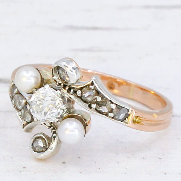 Art Nouveau diamond and pearl ring