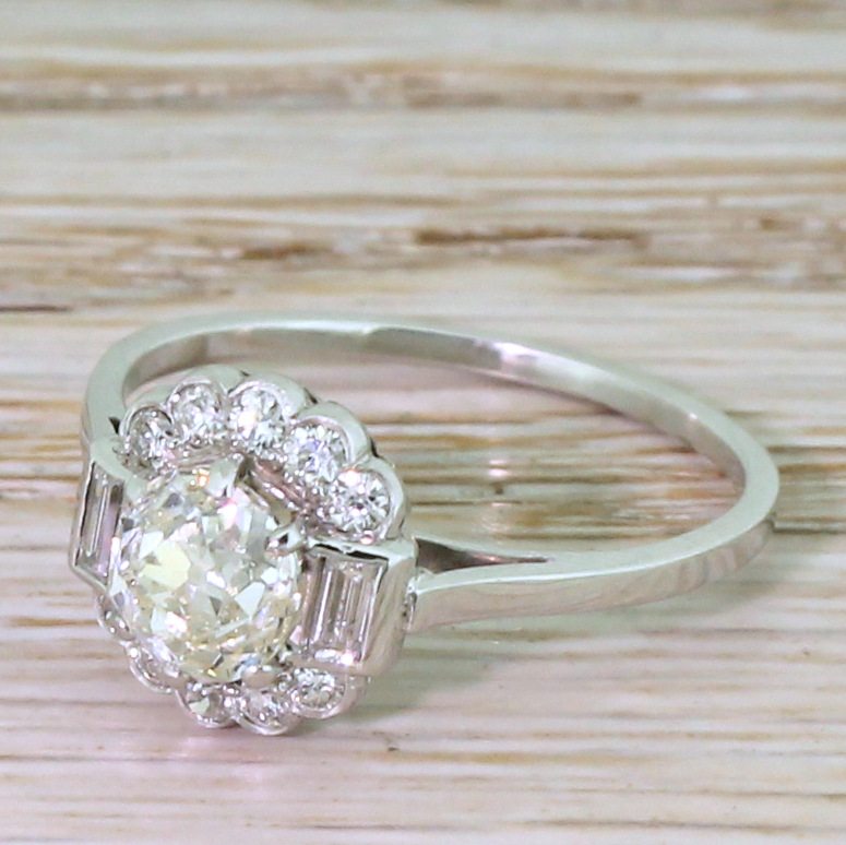 Mid Century 1.28 Carat Old Cut & Baguette Cut Diamond Cluster Ring, circa 1960