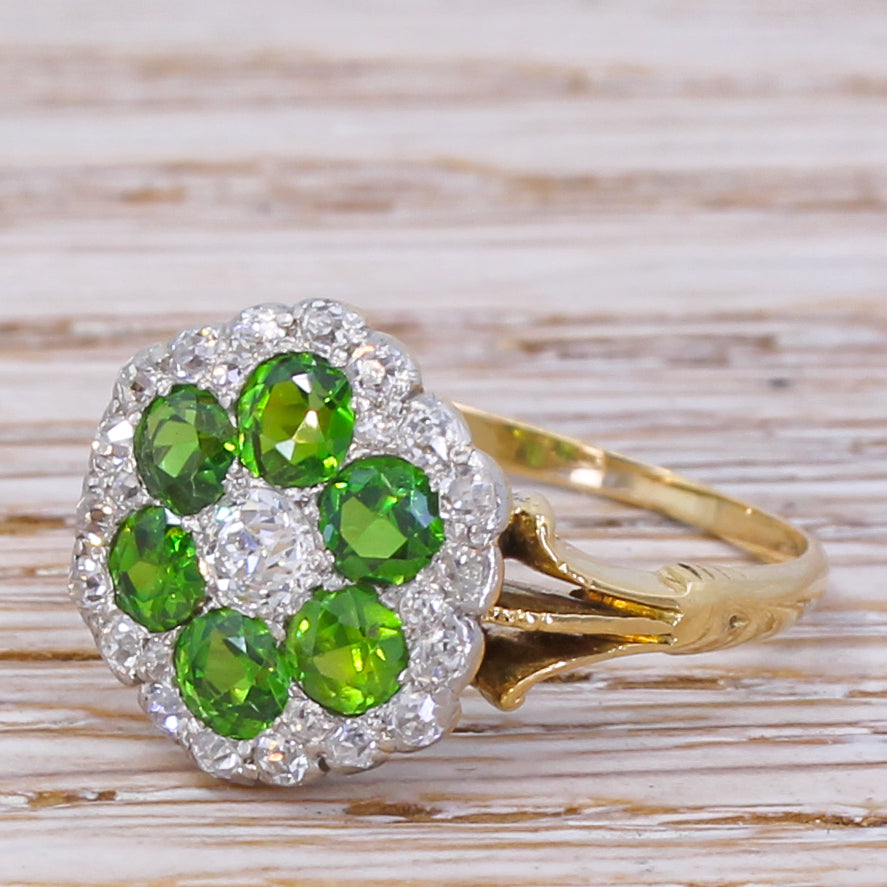 Edwardian 1.31 Carat Demantoid Garnet & Diamond Cluster Ring, circa 1905