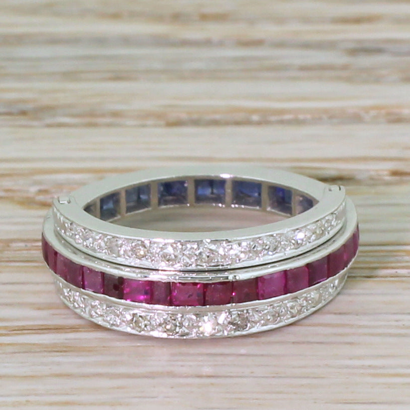 Ruby, Sapphire & Diamond Flip-Over Eternity Ring, 18k White Gold, size L