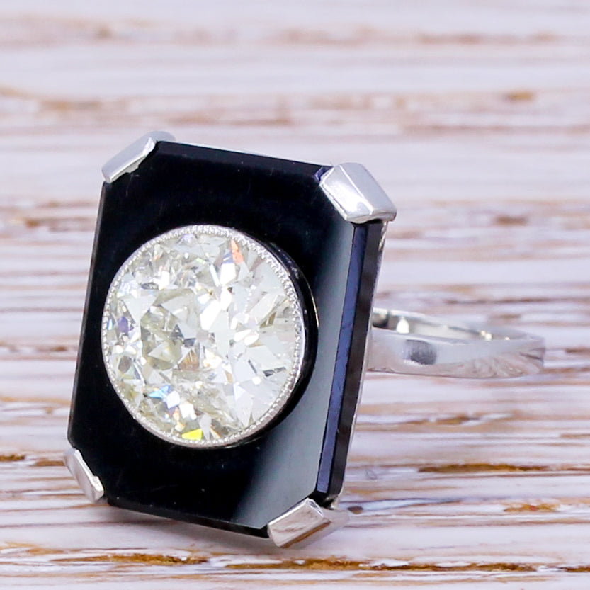 Art Deco 2.40 Carat Old Cut Diamond & Onyx Ring, circa 1920