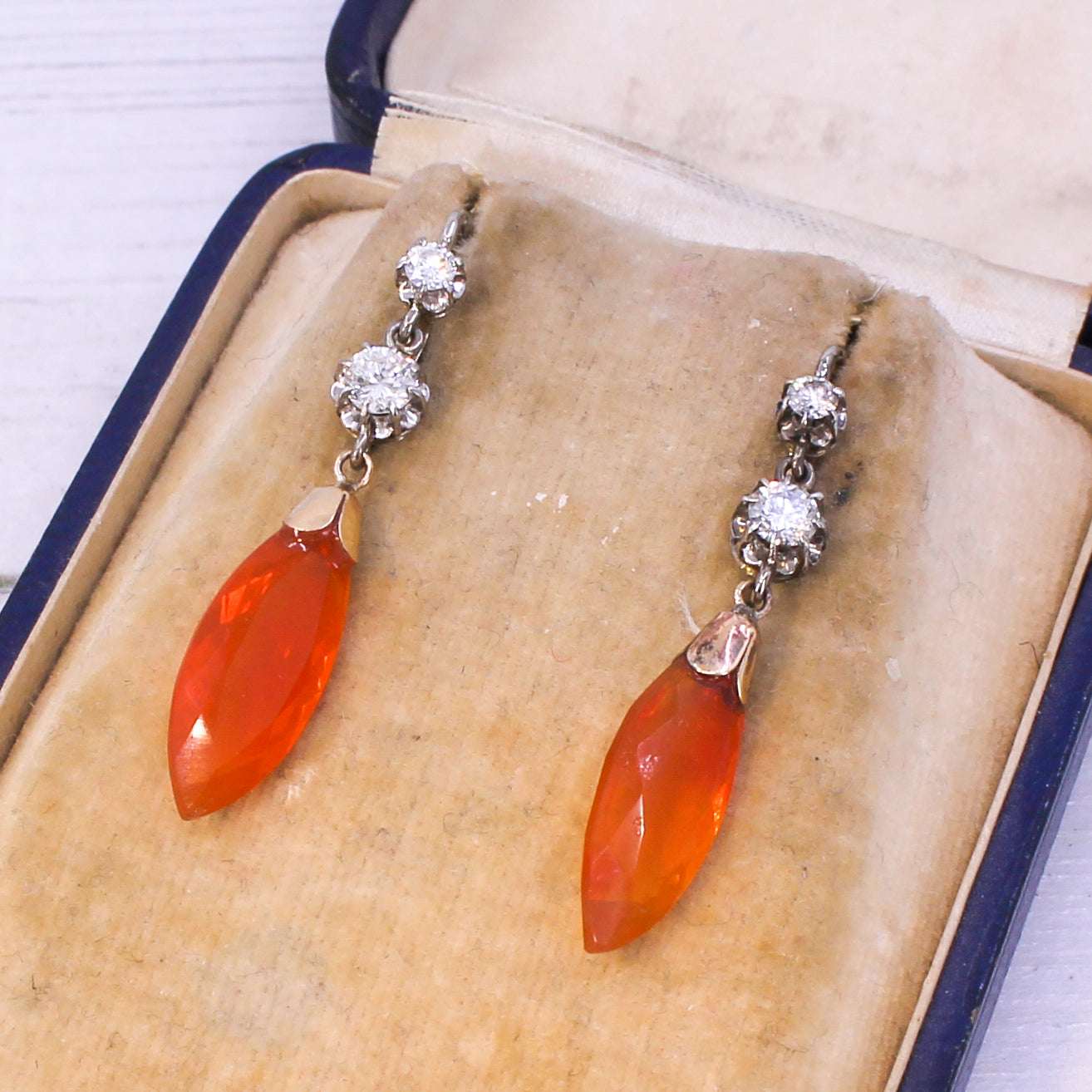 Mid Century 5.40 Carat Fire Opal & Diamond Drop Earrings, circa 1965