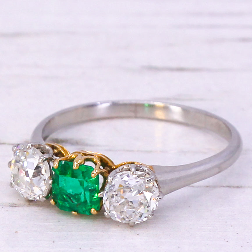 Art Deco 0.46 Carat Emerald & 0.90 Carat Diamond Three Stone Ring, circa 1930