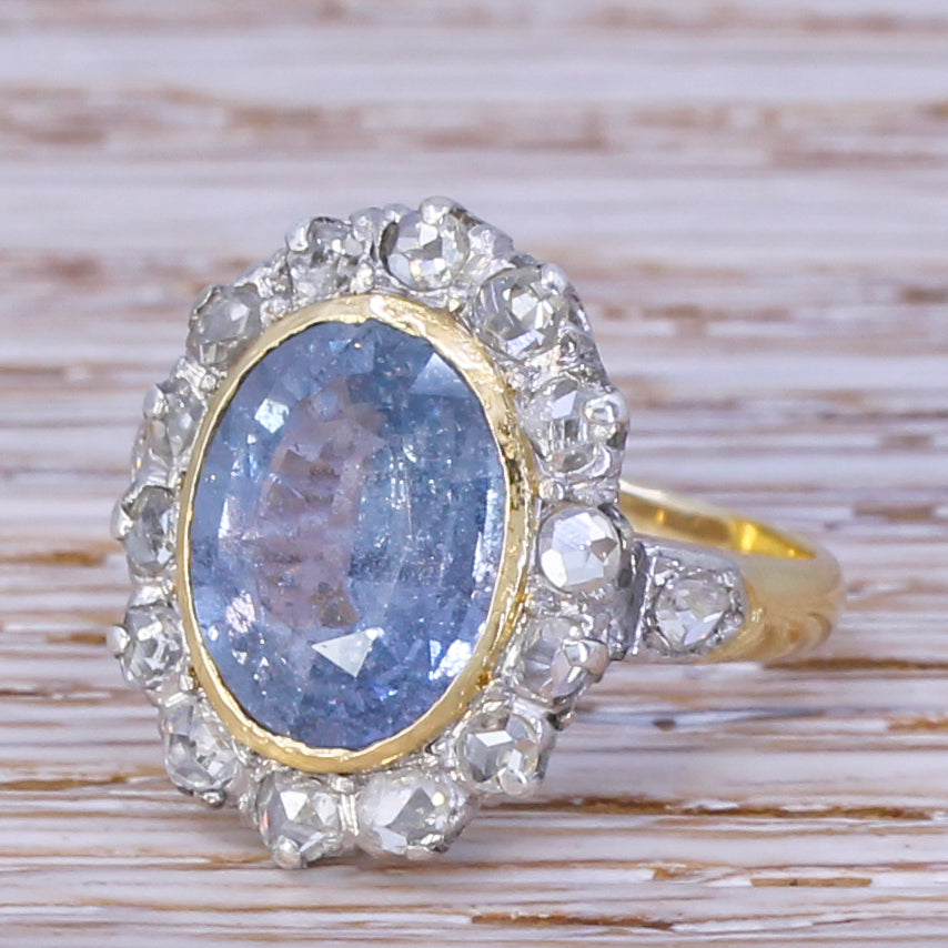 Mid Century 4.19 Carat Natural Sapphire & Rose Cut Diamond Cluster Ring, circa 1960