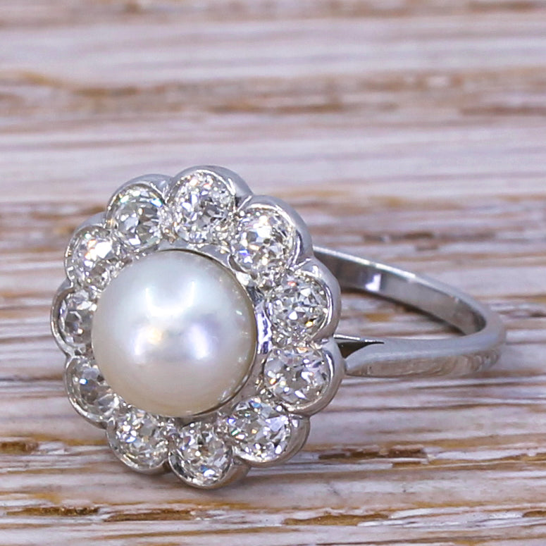 Art Deco Natural Pearl & 0.88 Carat Old Cut Diamond Cluster Ring, circa 1925