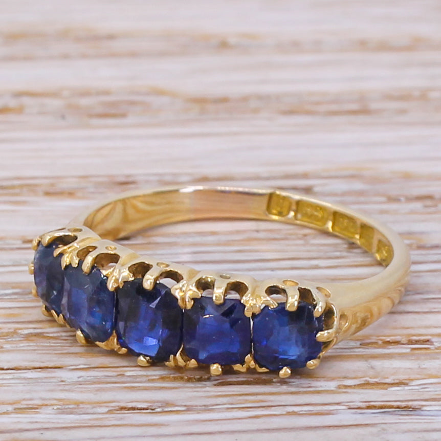 Victorian 1.95 Carat Natural Sapphire Five Stone Ring, dated 1893