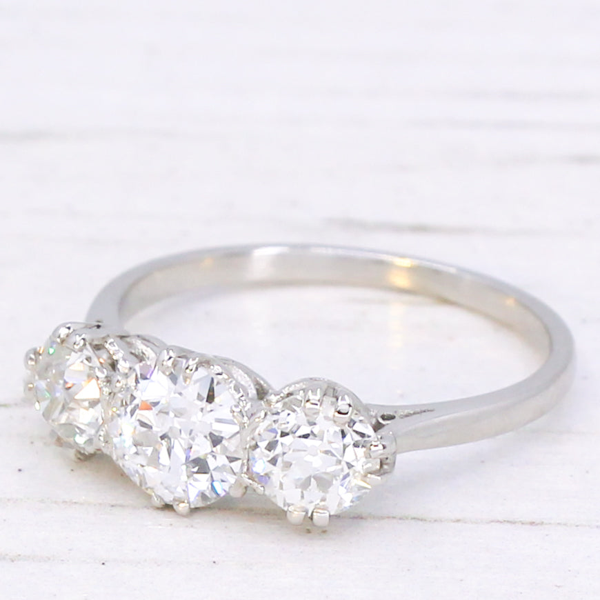 Vintage 1.48 Carat Old Cut Diamond Three Stone Ring, circa 1930