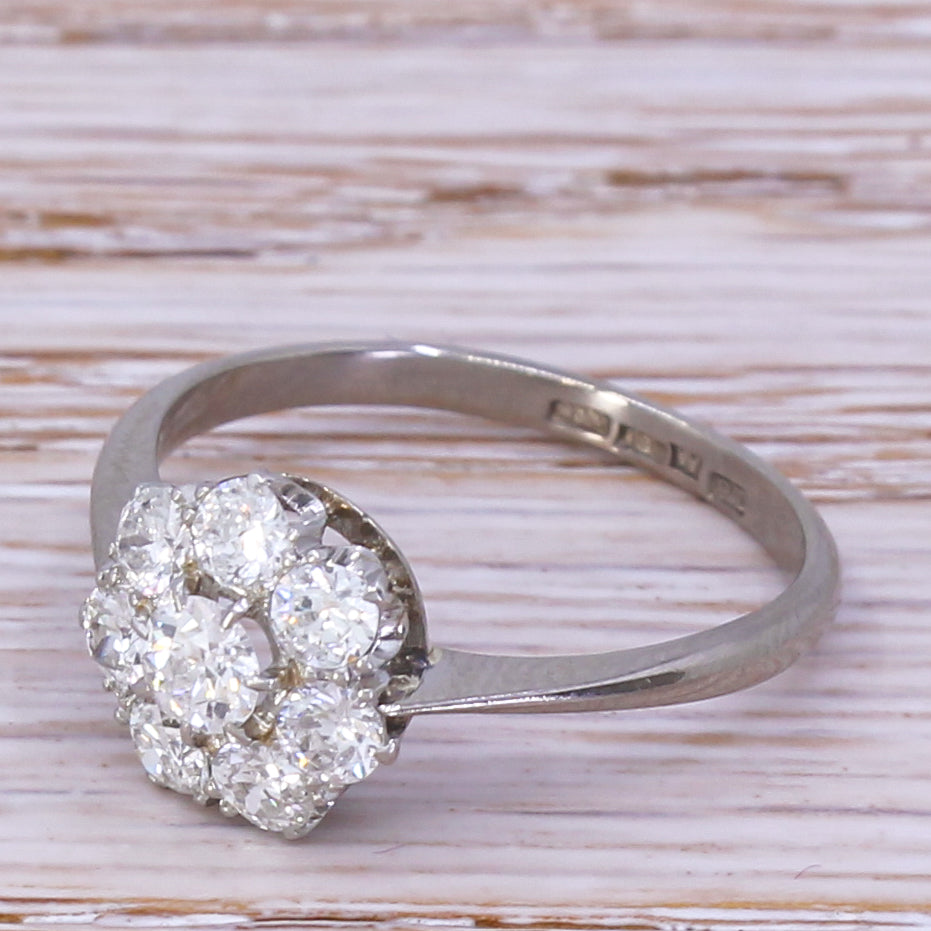 Mid Century 0.90 Carat Transitional Cut Diamond Cluster Ring, circa 1955