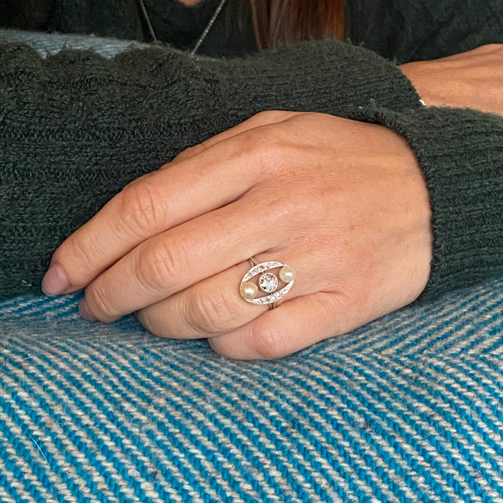 vintage pearl and diamond three stone