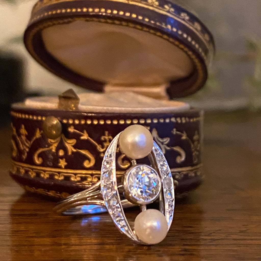 vintage pearl and diamond three stone