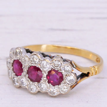 Mid Century 0.74 Carat Ruby & 0.52 Carat Diamond Triple Cluster Ring, circa 1970