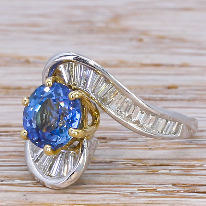 Mid Century 2.74 Carat Sapphire & 1.78 Carat Diamond Crossover Ring, circa 1965