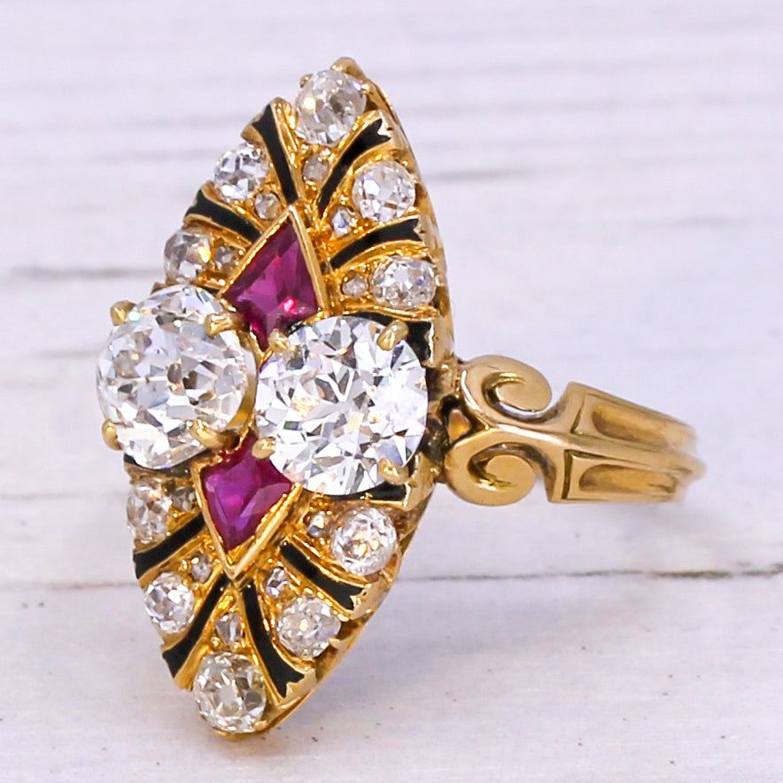 Edwardian 2.03 Carat Old Cut Diamond & Ruby Navette Cluster Ring, circa 1910