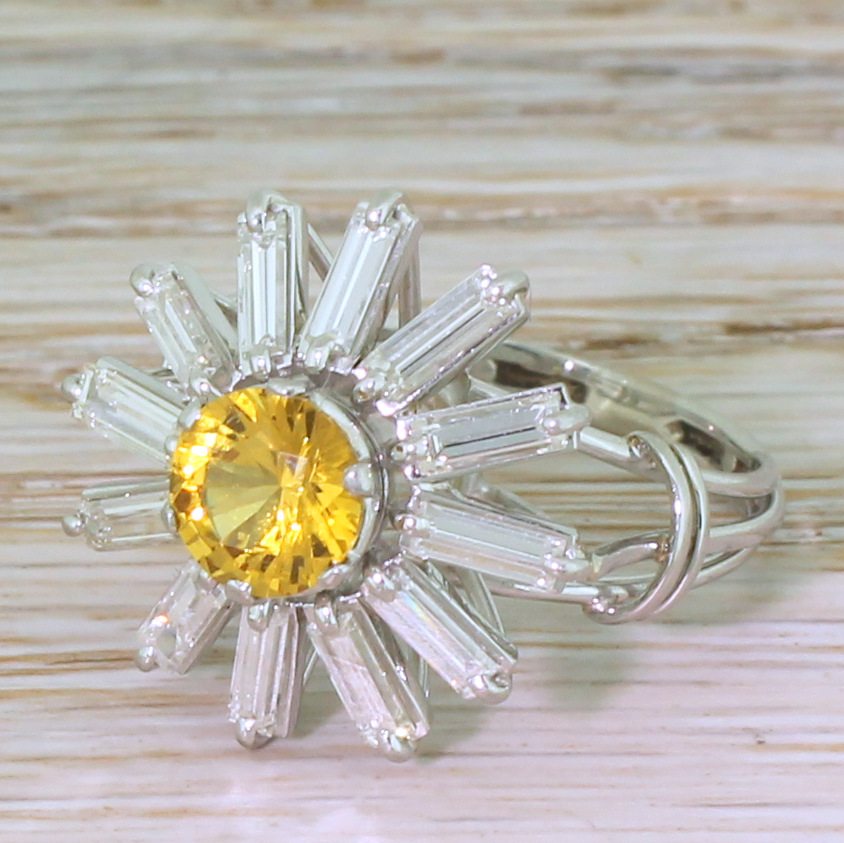 Mid Century Yellow Sapphire & Baguette Cut Diamond "Sunshine" Ring, circa 1970