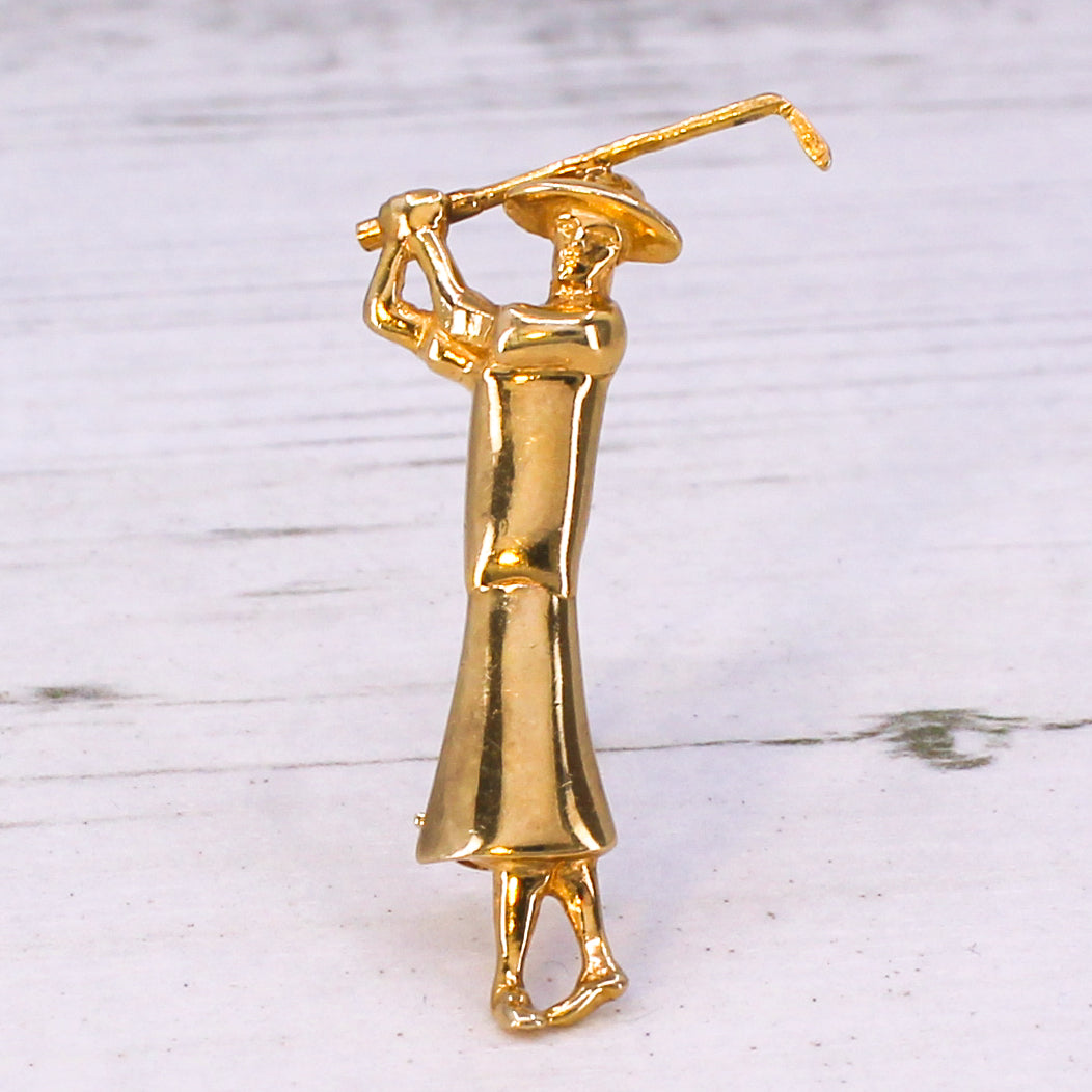 Vintage Lady Golfer Pin Brooch, 9k Gold