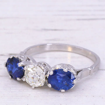 Art Deco 0.64 Carat Diamond & 2.79 Carat Sapphire Three Stone Ring, circa 1935