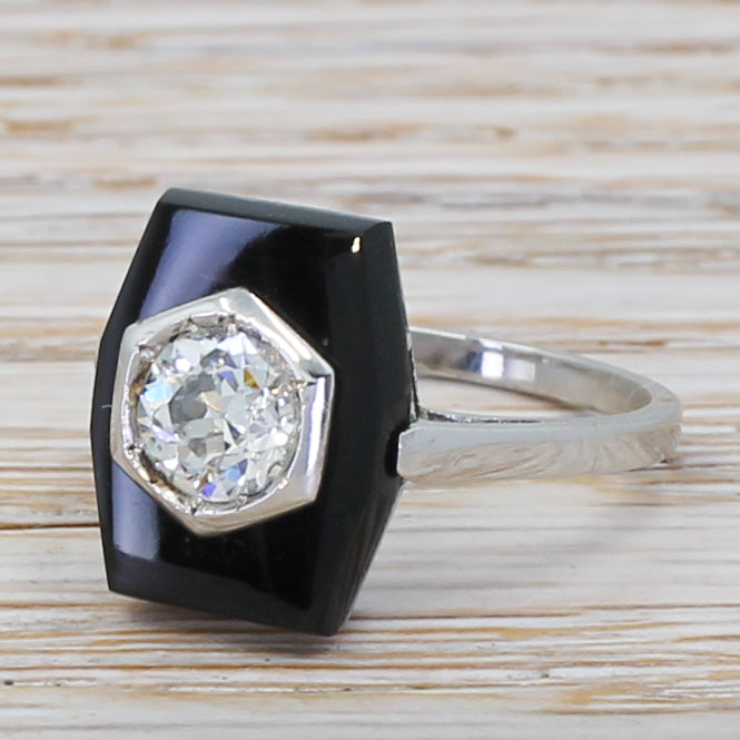 Art Deco 0.56 Carat Old Cut Diamond & Onyx Ring, circa 1930