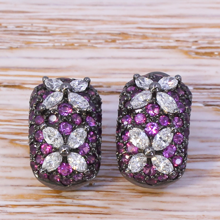 Modern Marquise Cut Diamond & Pink Sapphire Earrings, 18k Gold