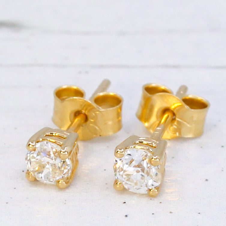 0.47 Carat Old European Cut Diamond Stud Earrings, 18k Yellow Gold