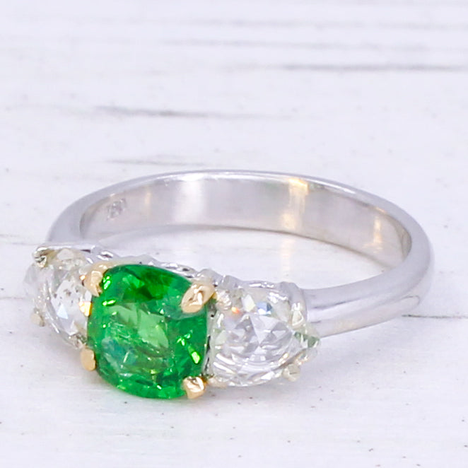 Vintage Tsavorite Garnet & Rose Cut Diamond Three Stone Ring, circa 1980