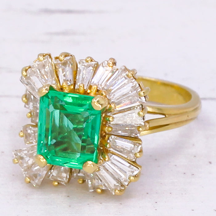 Mid Century 1.91 Carat No Oil Colombian Emerald & Diamond Ballerina Ring, circa 1965