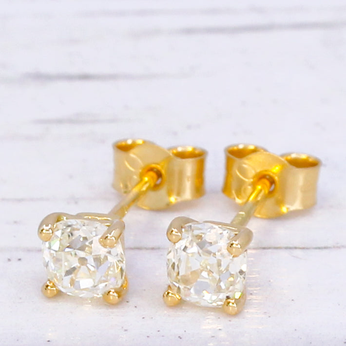 1.01 Carat Old Mine Cut Diamond Stud Earrings, 18k Gold