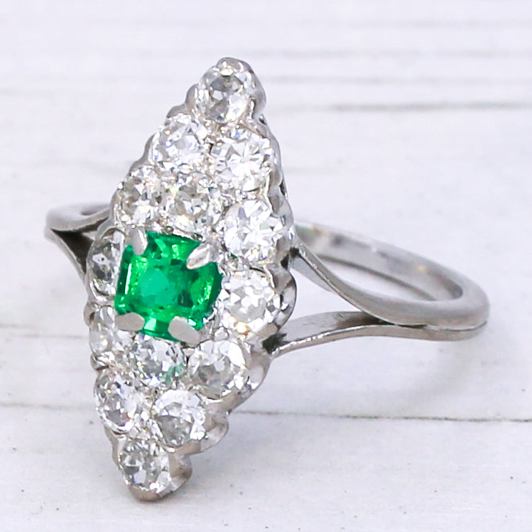 Art Deco 0.48 Carat Emerald & 0.97 Carat Old Cut Diamond Navette Ring, circa 1925