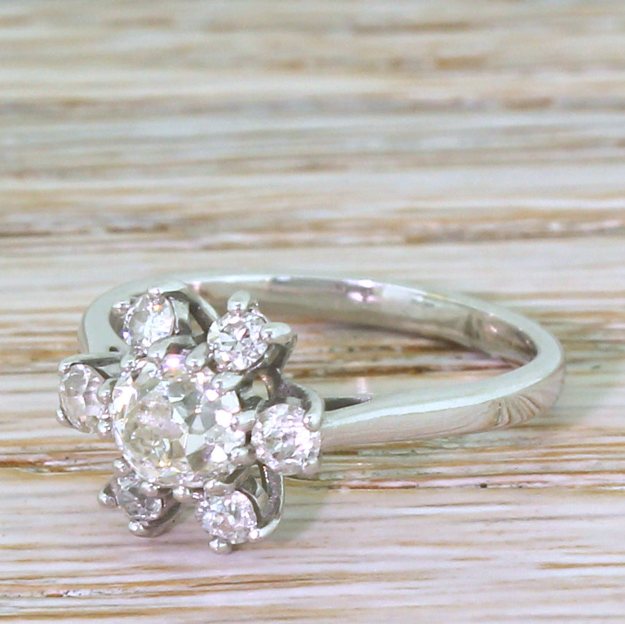 Mid Century 1.12 Carat Old Cut Diamond Cluster Ring, French, circa 1965