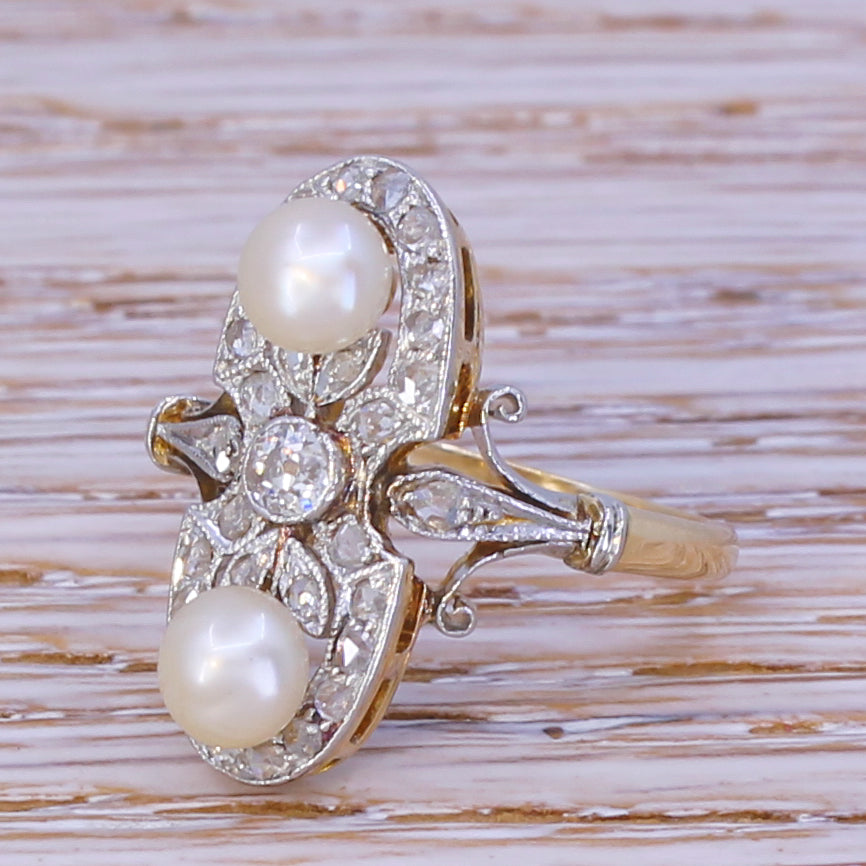 Art Nouveau Natural Pearl & Rose Cut Diamond Cluster Ring, circa 1900