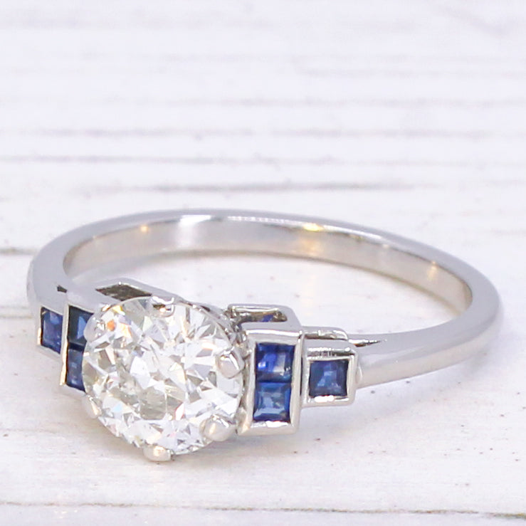 0.96 Carat Old Cut Diamond & Sapphire Ring, Platinum