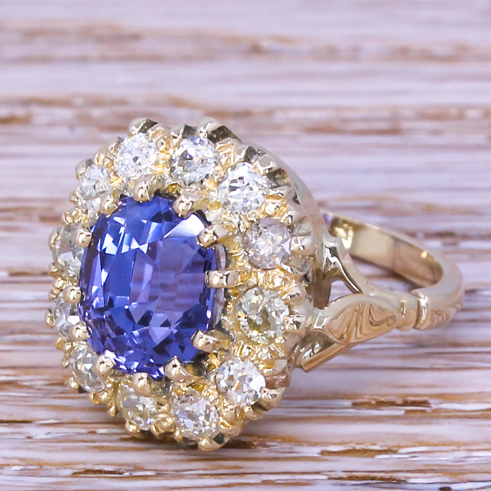 Mid Century 5.18 Carat Natural Sapphire & Diamond Cluster Ring, circa 1960