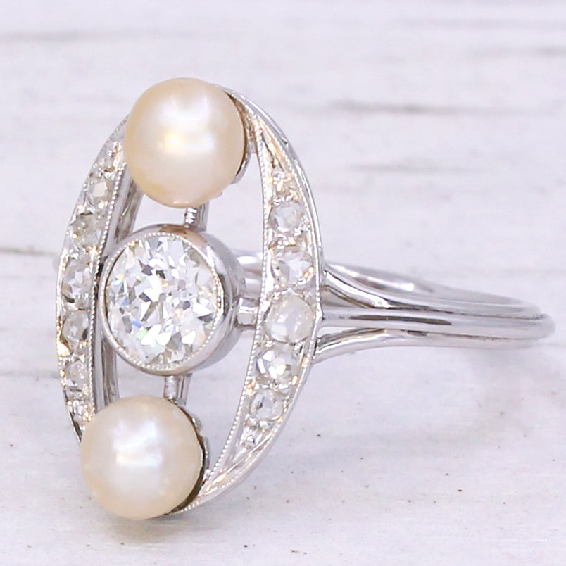 vintage pearl and diamond three stone