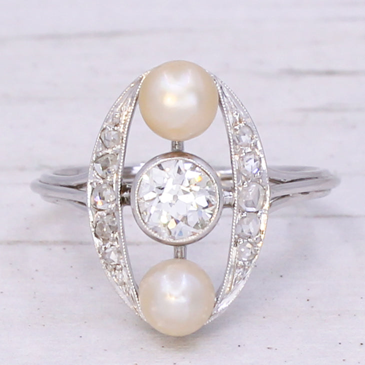 vintage pearl and diamond three stone