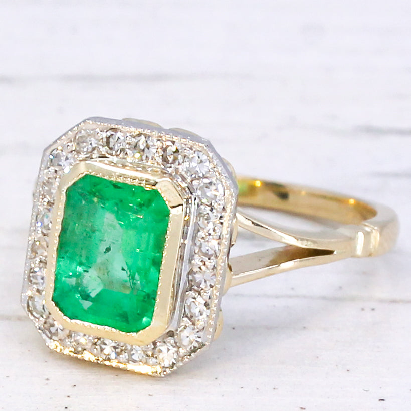 Vintage 1.64 Carat Minor Oil Colombian Emerald & Diamond Ring, circa 1950