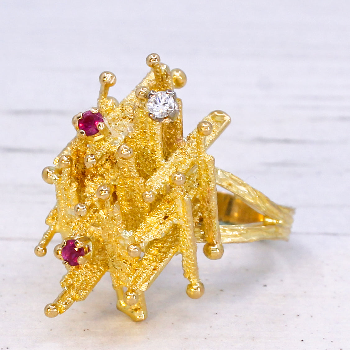 Modernist Lattice Ring with Rubies & Diamond, dated 1969