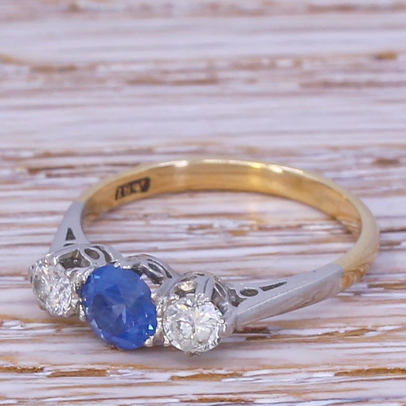 Mid Century 0.50 Carat Sapphire & 0.40 Carat Diamond Trilogy Ring, circa 1960