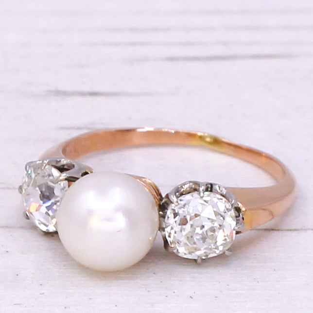 Art Deco Pearl & 1.20 Carat Diamond Trilogy Ring, circa 1930