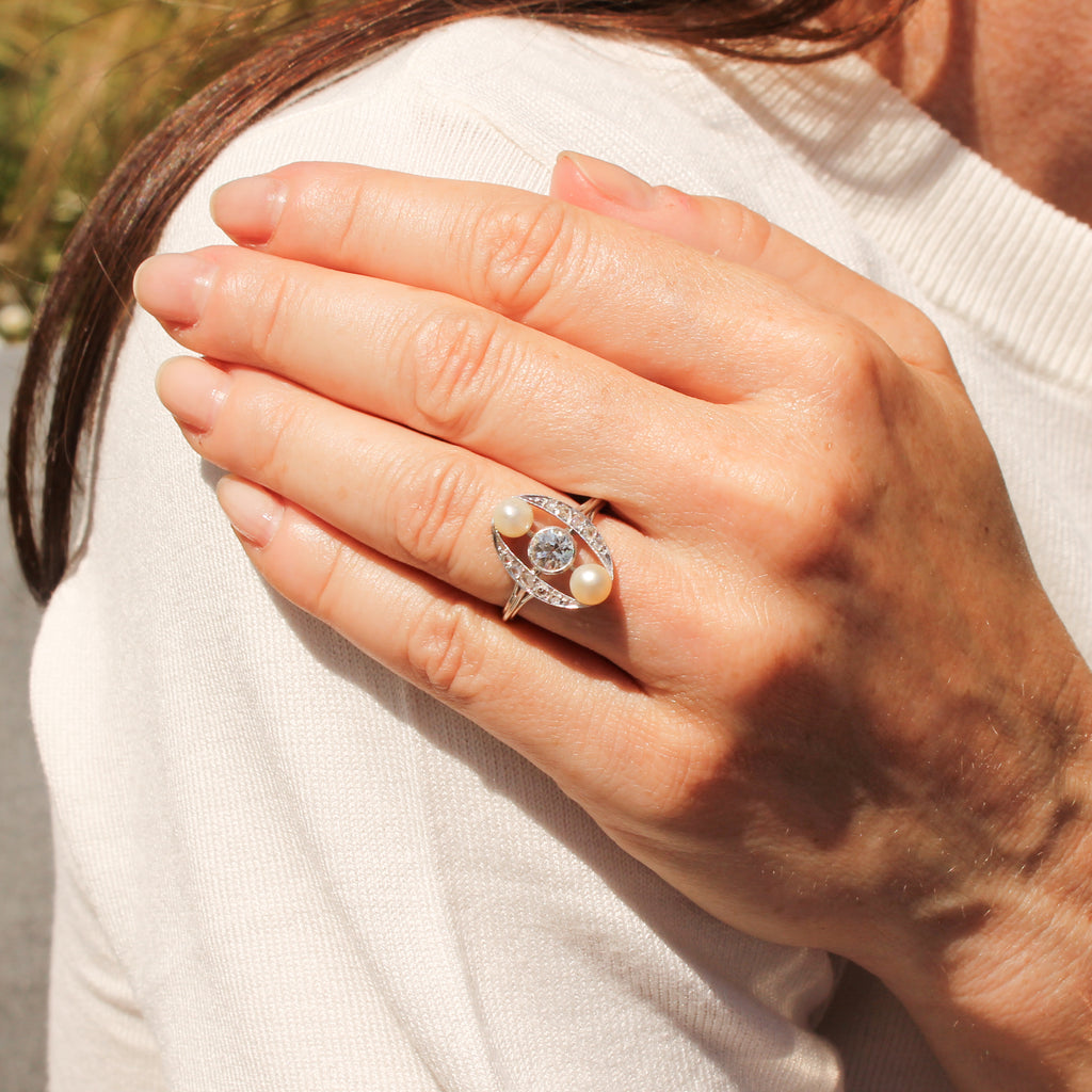 vintage pearl and diamond three stone