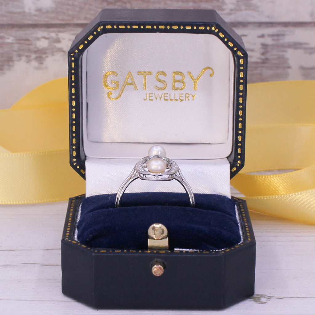 vintage pearl and diamond three stone