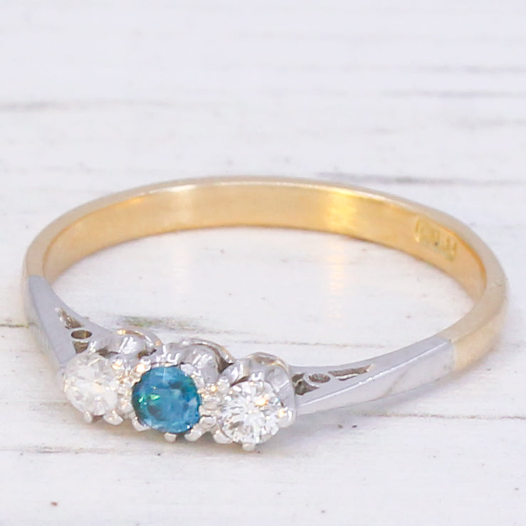 Vintage Blue Zircon & Diamond Three Stone Ring, circa 1970