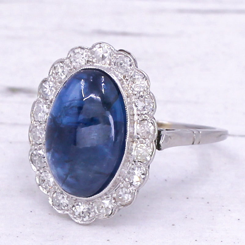 Art Deco 4.90 Carat Cabochon Sapphire & Diamond Ring, circa 1930