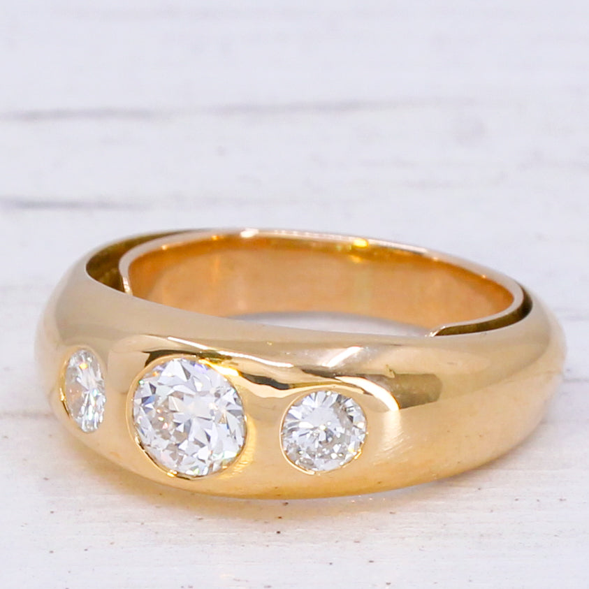 Vintage 0.84 Carat Old Cut Diamond Three Stone Gypsy Ring, circa 1950