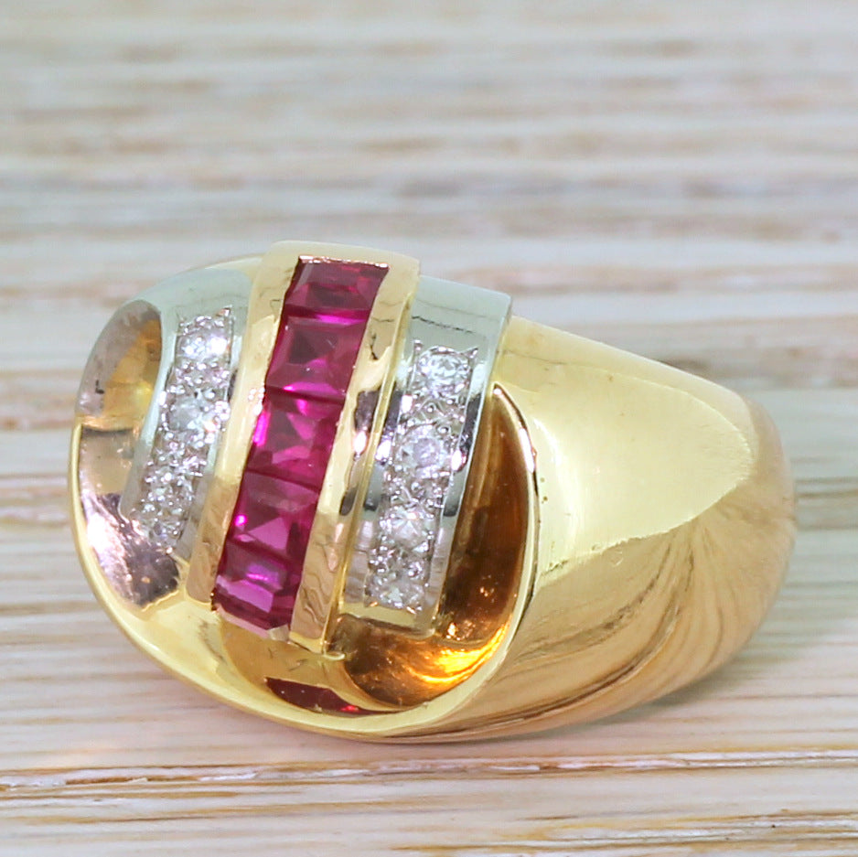 Mid Century Synthetic Ruby & Diamond Cocktail Ring, French, circa 1950