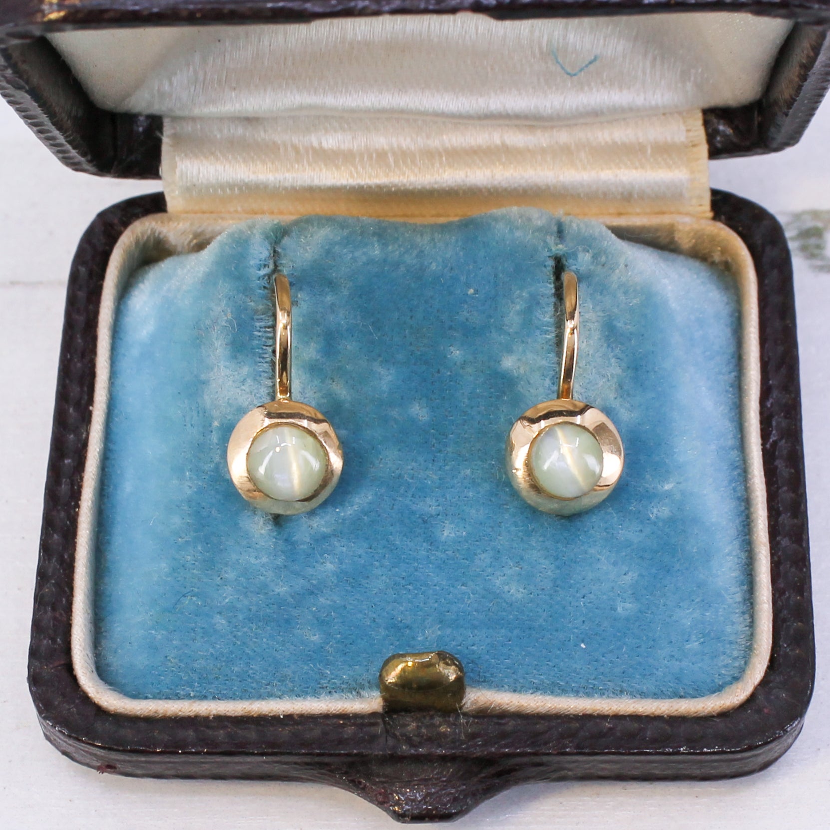 Mid Century Cat's Eye Chrysoberyl Lever Back Earrings, circa 1950