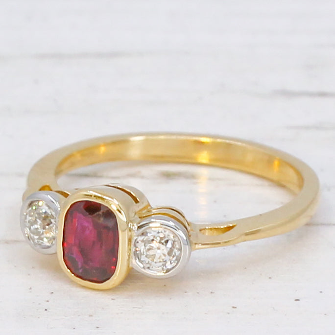 vintage ruby and diamond three stone